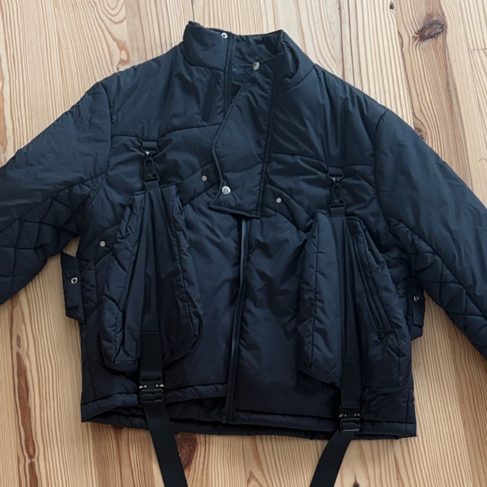 Men's Black Puffer Jacket with Utility Straps (XL)